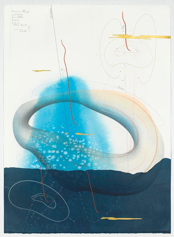 Jorinde Voigt Immersion VIII (11), 2018 ink, India ink, gold leaf, pastel, oil pastel, graphite on paper 30 1/8 x 22 1/16 in (76.5 x 56 cm)