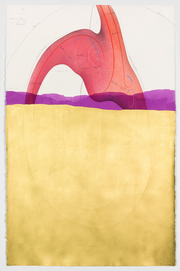 Jorinde Voigt Immersion II (4), 2018 ink, India ink, gold leaf, pastel, oil pastel, graphite on paper 40 3/16 x 26 in (102 x 66 cm)