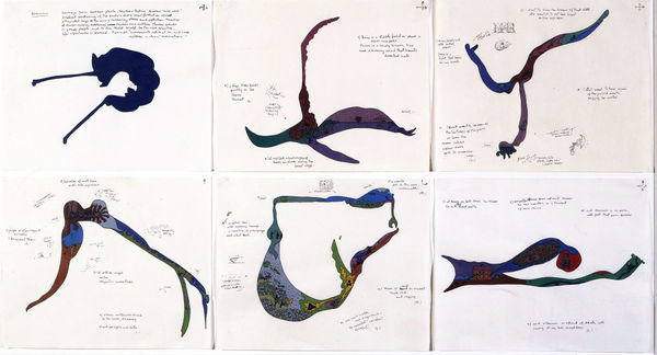 Oyvind Fahlstrom Six Elements for "Night Music 2", 1975 acrylic and ink on paper, six sheets each sheet: 7 1/2 x 9 1/2 in 19.1 x 24.1 cm