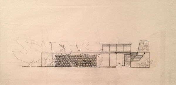 Louis I. Kahn Harry A. and Emily Ehle House, Haverford, PA, 1947-48, unbuilt, East section, 1947 graphite on white tracing paper Framed Dimensions: 26 3/4 x 40 3/4 in 67.9 x 103.5 cm