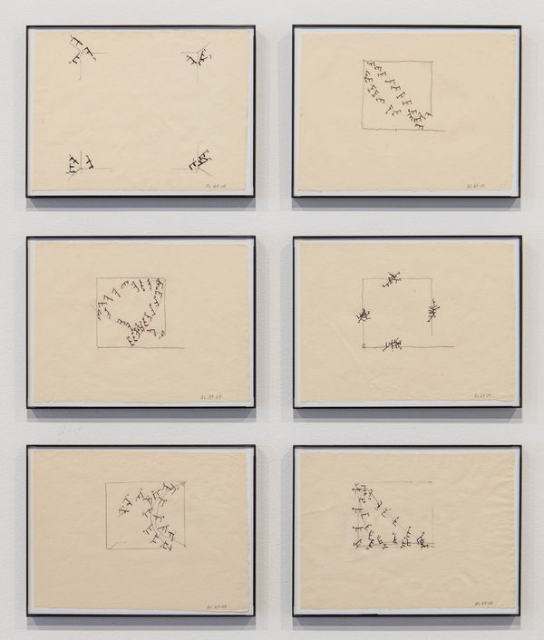 Barry Le Va Studies for Cleaver installations, from "Hand. Handles. Blades: Cleaver Configurations" (Portfolios I-IV), 2008-09 ink and graphite on paper, six drawings each: 8 1/2 x 11 3/8 in (21.6 x 28.9 cm)