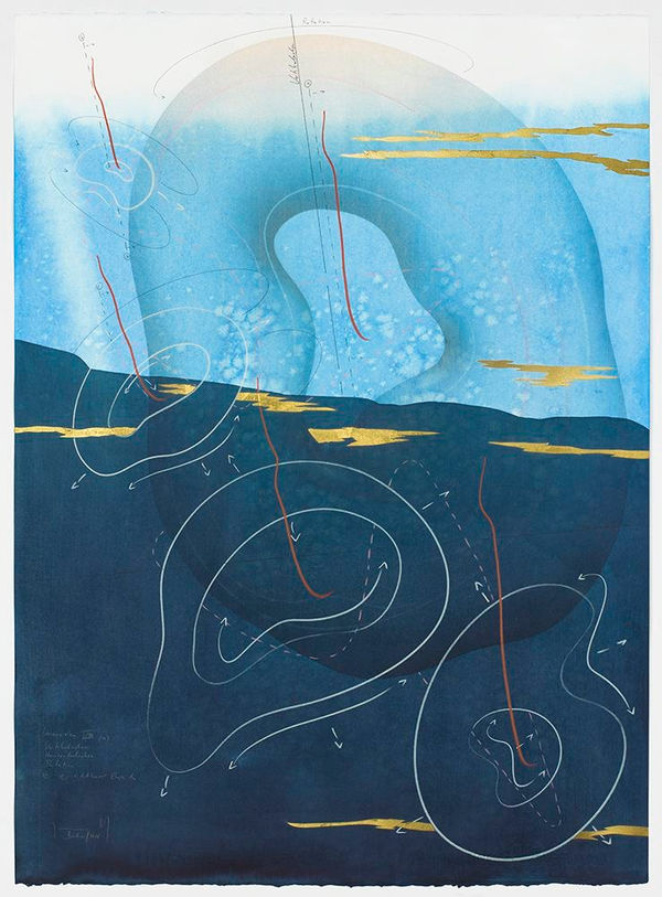 Jorinde Voigt Immersion VIII (10), 2018 ink, India ink, gold leaf, pastel, oil chalks, pencil on paper 30 1/8 x 22 1/16 in (76.5 x 56 cm)