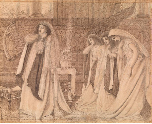 Simeon Solomon Queen Esther hearing the news of the intended massacre of the Jews, 1860 pen and ink with some lead white on paper main sheet with three narrow additions laid to board 11 1/4 x 13 3/4 in (28.6 x 34.9 cm)