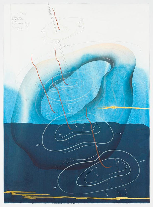 Jorinde Voigt Immersion VIII (9), 2018 ink, India ink, gold leaf, pastel, oil chalks, pencil on paper 30 1/8 x 22 1/16 in (76.5 x 56 cm)