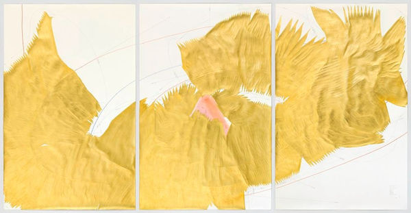 Jorinde Voigt 5 Cavallini - Sequences, 2015 ink, gold, oil pastel, pastel, pencil; triptych each sheet: 86 5/8 x 55 1/8 in (220 x 140 cm) framed: 90 3/4 x 178 in (230.5 x 452.1 cm)