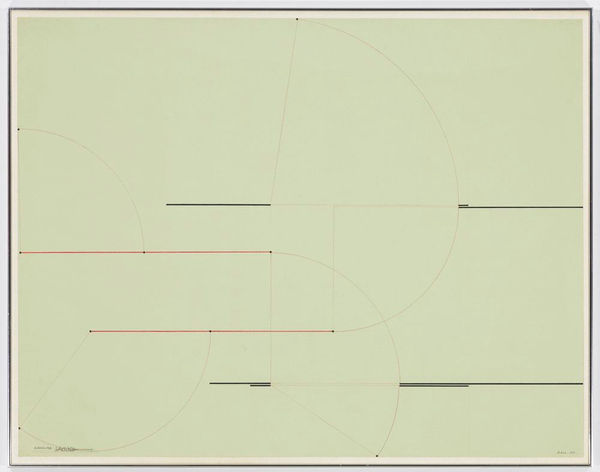 Barry Le Va Installation Study (4 Length Section), 1973 drawing on green paper 43 1/2 x 55 1/2 in (110.5 x 141 cm) framed: 44 x 56 in (111.8 x 142.2 cm)