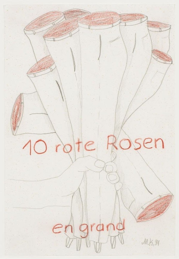 Martin Kippenberger Untitled (10 Rote Rosen en Grand), 1991 graphite and colored pencil on paper 15 x 11 3/4 in 38.1 x 29.8 cm