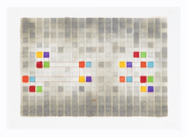 Julia Fish Test for yellow in grey, after Threshold — score for six Plans [ spectrum east to west ], 2021-2022 japanese printed tablet paper with archival pen, ink / hand-stamped 9 7/8 x 14 1/8 in (25.1 x 35.9 cm)