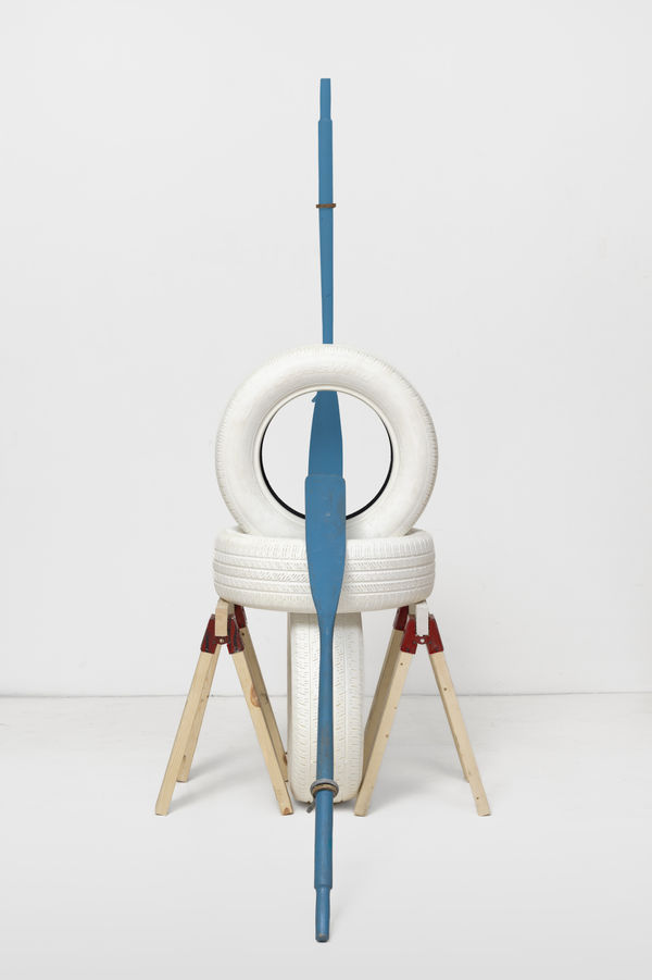 Dorothea Rockburne Infinity, 2025/26 vintage oars, painted tires, saddle horses, wood, and bricks 93 x 40 1/2 x 60 in (236.2 x 102.9 x 152.4 cm)