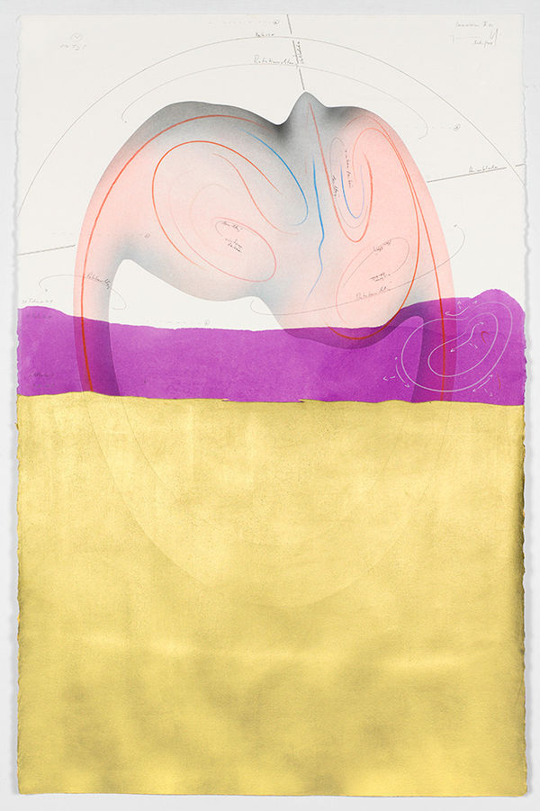 Jorinde Voigt Immersion II (1), 2018 ink, India ink, gold leaf, pastel, oil pastel, pencil on paper 40 3/16 x 26 in (102 x 66 cm)