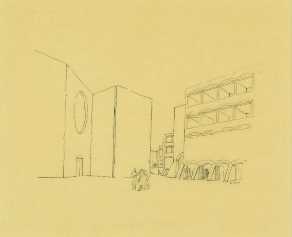 Louis I. Kahn Indian Institute of Management, Ahmedabad, Gujarat, India, 1964 pen and ink on yellow paper 9 x 11 in (22.9 x 27.9 cm)