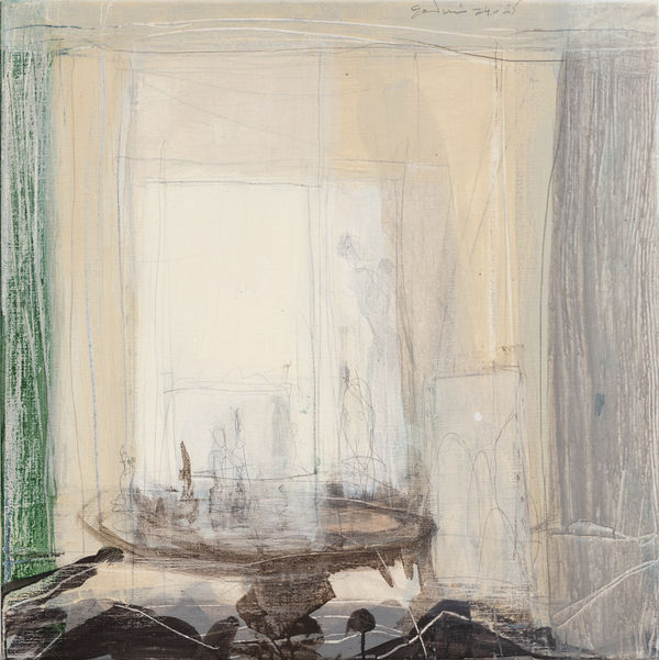 Peter Godwin, Studio Table with Trobriand Island Figures and Study for Mountain and Moon, 2025