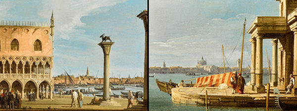 Giovanni Antonio Canal, called Canaletto Venice, a view of the Piazzetta with the southwest corner of the Doge’s palace and Venice, a view of the quay of the Dogana, c. late 1720s Oil on canvas laid down on panel 28 x 37.5 cm. (11 x 14 ¾ in.) each a pair (2)
