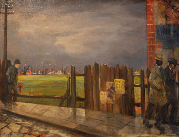 Christopher R. W. Nevinson, A.R.A. Figures walking by the docks, c. 1934 Oil on canvas 61 x 76 cm (24 x 30 in.)