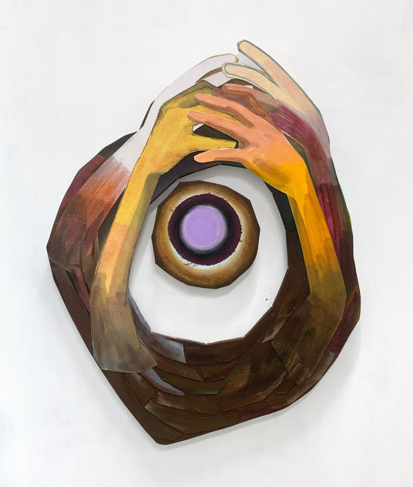 A freeform, brown, oval-shaped painting with a large cavity and four arms and hands in yellows and blush colors covering the top half with a lavender circle in the cavity.