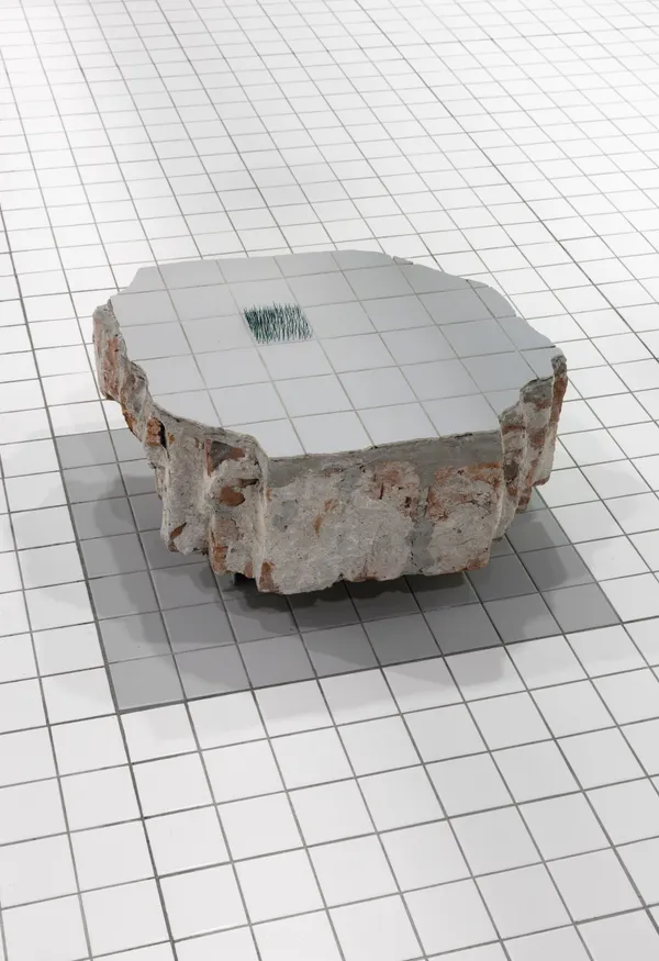 ZHANG Ruyi 张如怡 Only Now 只有现在, 2018 Demolition debris, ceramic tiles, cactus thorns, wood, concrete, floor drain 建筑碎片、瓷砖、仙人掌刺、木、混凝土、地漏 60 × 70 × 38 cm (sculpture 雕塑）, floorscape dimensions variable (地面景观尺寸可变）