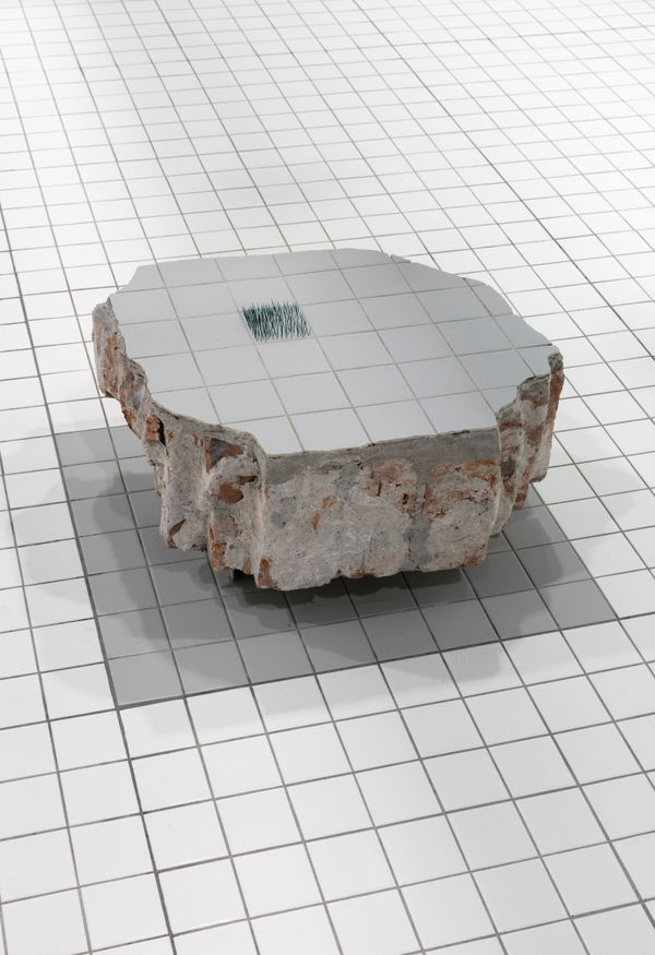 ZHANG Ruyi 张如怡 Only Now 只有现在, 2018 Demolition debris, ceramic tiles, cactus thorns, wood, concrete, floor drain 建筑碎片、瓷砖、仙人掌刺、木、混凝土、地漏 60 × 70 × 38 cm (sculpture 雕塑）, floorscape dimensions variable (地面景观尺寸可变）