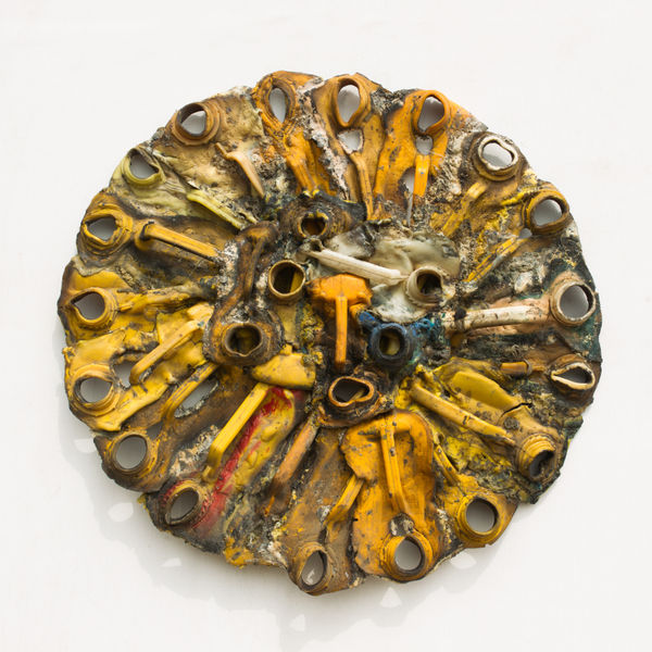 Serge Attukwei Clottey Sister in law, 2016 Melted plastics and oil paint 29 1/2 x 30 1/2 x 4 in 74.9 x 77.5 x 10.2 cm