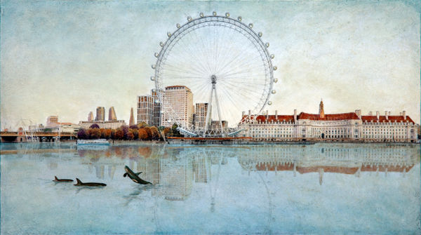 Carlos Arriaga London Is Watching You Nr. 2 Oil paint on black and white photographic grisaille on canvas 74 x 131 cm