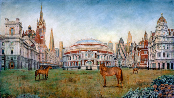 Carlos Arriaga Londinium Alla Piero Della Francesca Nr.2 Oil paint on black and white photographic grisaille on canvas 74 x 131 cm