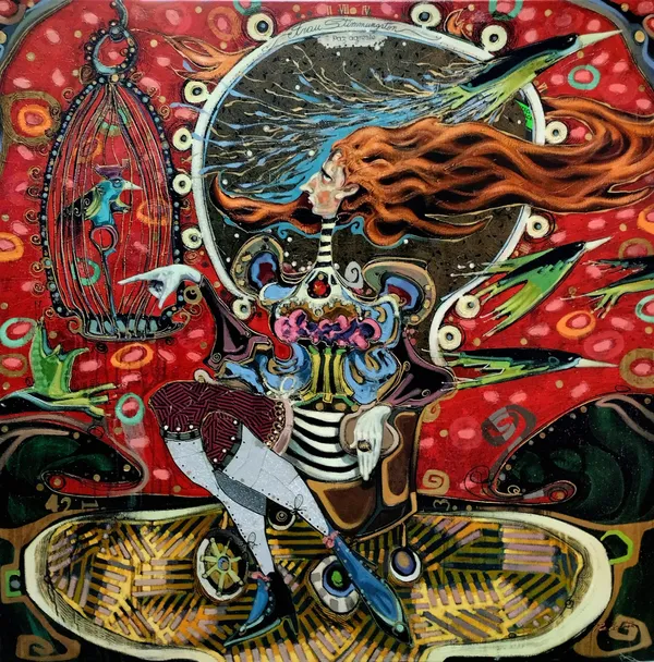 Max Pedreira Frau Stimmungston hat den Vogelzüchter besiegt (Mrs Stimmungston defeated the bird breeder) Mixed media on canvas 150 x 150 cm 59 x 59 in