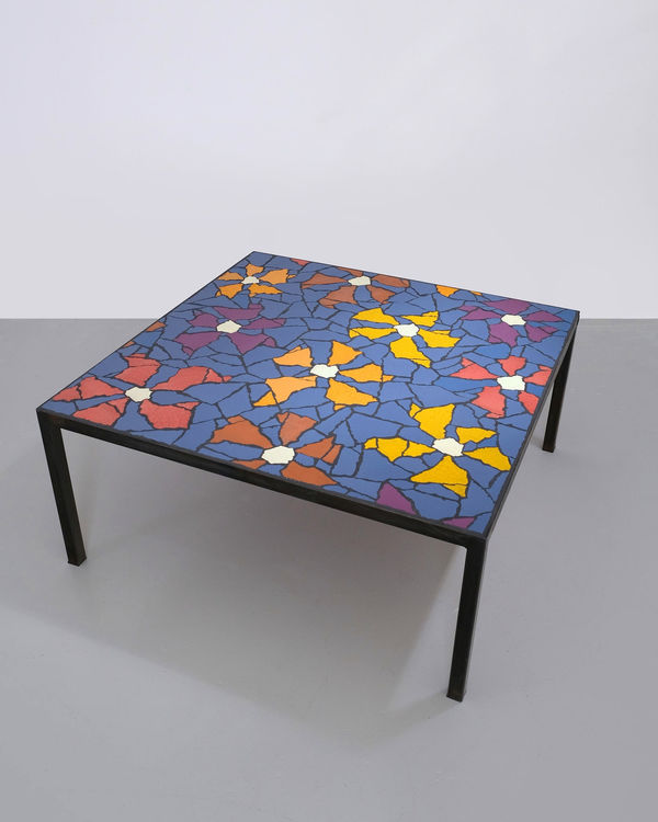 Large Square Coffee Table Handmade glazed ceramic tile on board, bespoke coloured grout top with burnished steel frame H40.5 x W90 x D90 cm