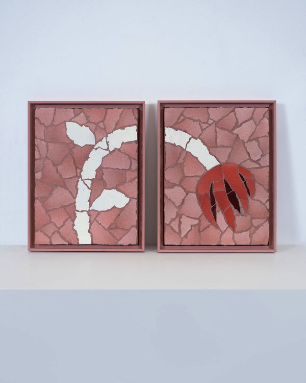 Charlie Sheppard The Back Garden - Diptych Mosaic Handmade glazed ceramic tile on board, bespoke coloured grout H46 x W72 cm (framed dimensions) H46 x W36 cm each (framed dimensions)