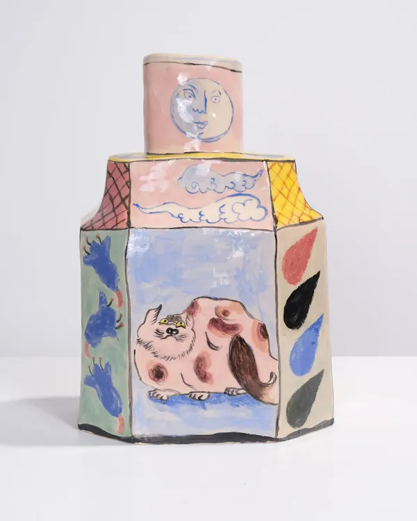 Claudia Rankin Caddy with Fish & Cat Faience (white earthenware) with hand painted glaze H22 x W15 x D11 cm