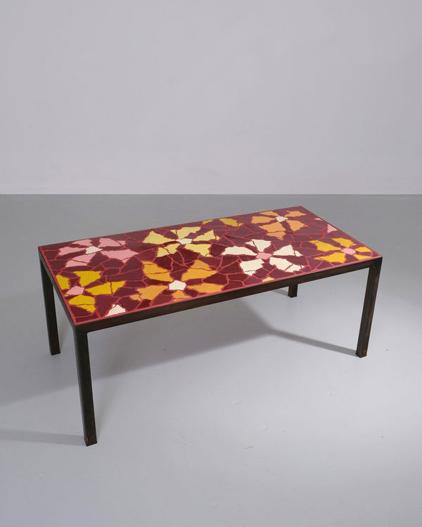 Charlie Sheppard Rectangular Coffee Table Handmade glazed ceramic tile on board, bespoke coloured grout top with burnished steel frame H40.5 x W100 x D50 cm