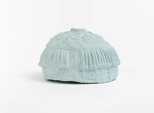 Sara Siestreem (Hanis Coos) baby blues, 2025 glazed slip cast ceramic dance cap with acrylic paint 5 x 8 x 6"