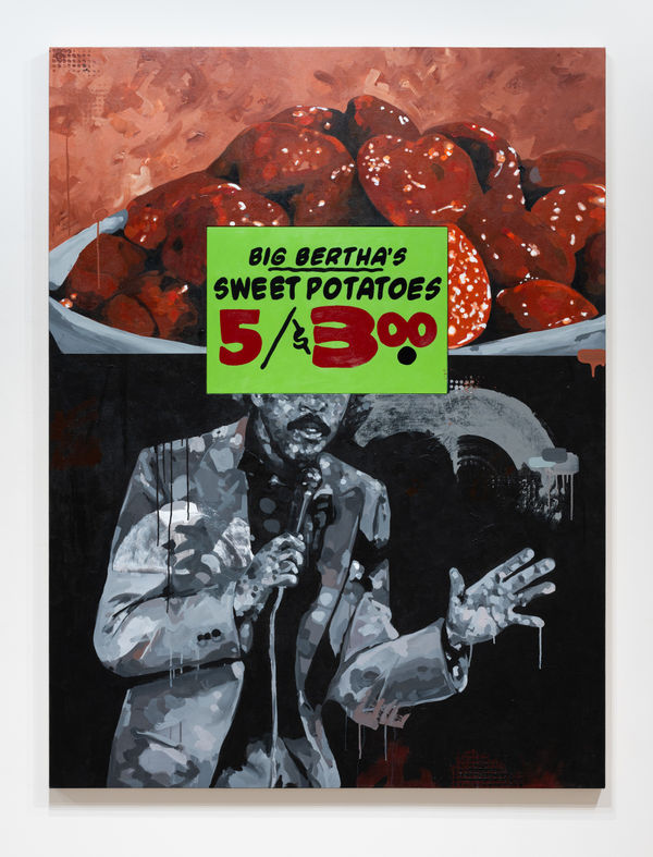 Jeremy Okai Davis The Yams (Richard Pryor), 2024 acrylic on canvas wrapped panel, One-Shot & acrylic on inset panel 80 x 60"