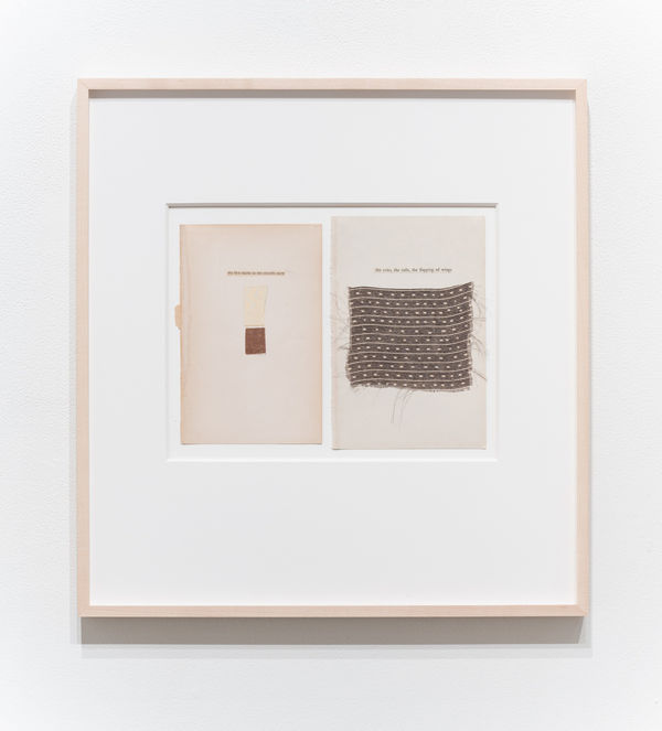 Ann Hamilton the first marks in the smooth snow · the cries the calls the flapping of wings, 2022 unique cloth and word collage on book endpapers 8 x 5" paper (each) 18.5 x 17.5" framed overall