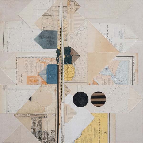 Emilio Lobato An Island Approach, 2020 collage on panel 36 x 36"
