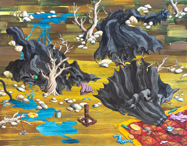 Ryan Pierce Black Parachutes, 2020 Flashe and spray paint on canvas over panel 42 x 54"