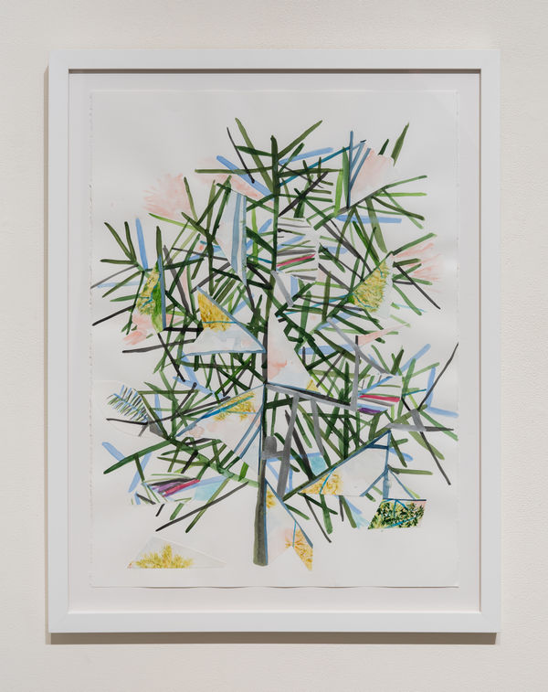 Amanda Wojick Pine with Murasaki, 2025 mixed media collage on paper 30 x 22" paper 35 x 27.25" framed