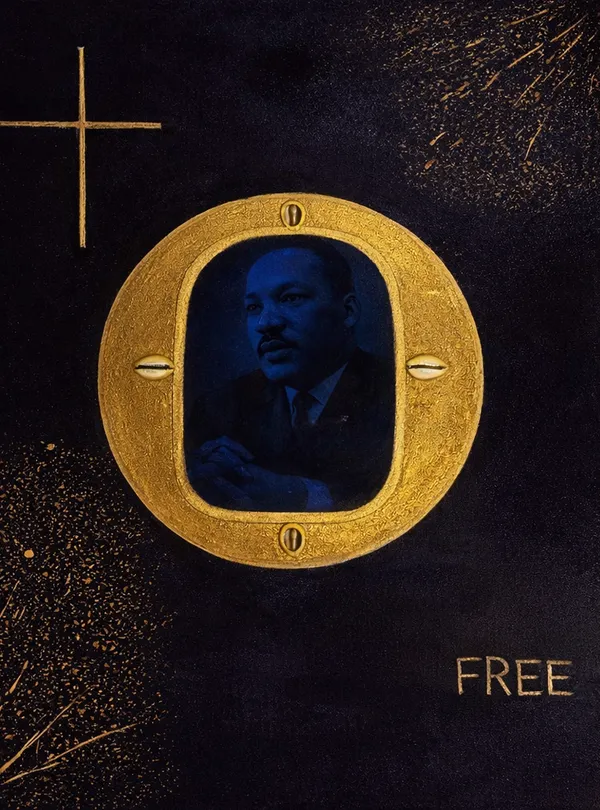 Billy Gerard Frank Abolitionists, Cartography of Resistance and Disobedience- Martin Luther King Indigo Pigment, Ink, Gold Leaf on Wood Panel 25 x 21 x 2 in 63.5 x 53.3 x 5.1 cm