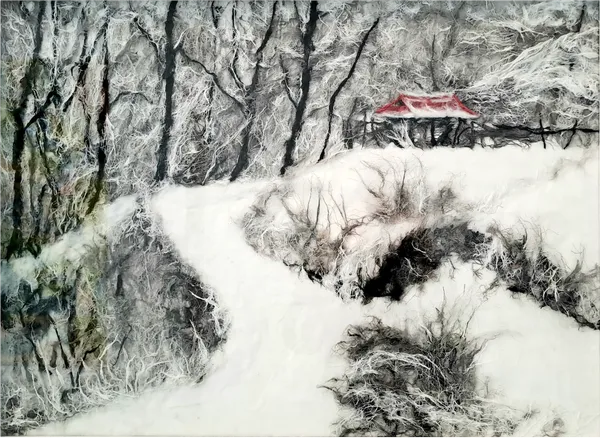 김진란 Heimat, 2024 Gauze, ash, color, wood glass frame 50 x 70 cm