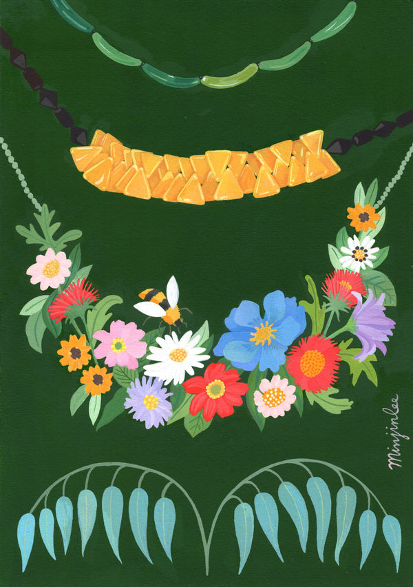 이민진 초록 배경과 목걸이들, 2024 종이에 아크릴 과슈 29 x 21 cm