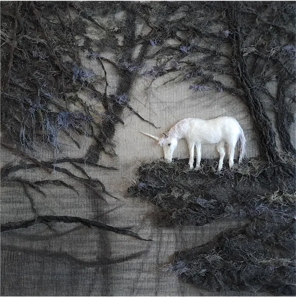 김진란 Secrets of the Forest, 2025 Gauze, ash, color, glass frame 30 x 40 x 5 cm