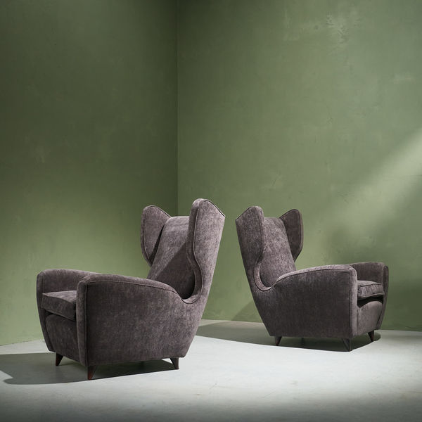 Melchiorre Bega, Pair of Reupholstered Lounge Chairs, Charcoal Dedar 'Belsuede' fabric, Italy, 1950s