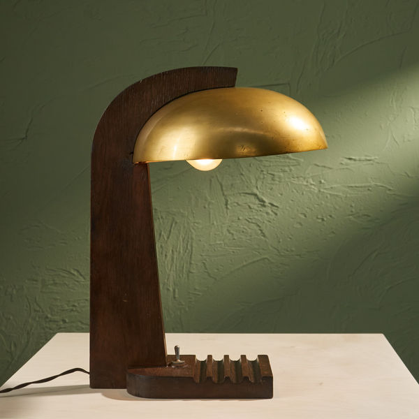 Modernist Table Lamp with Solid Oak Base and Brass Shade, France, 1930