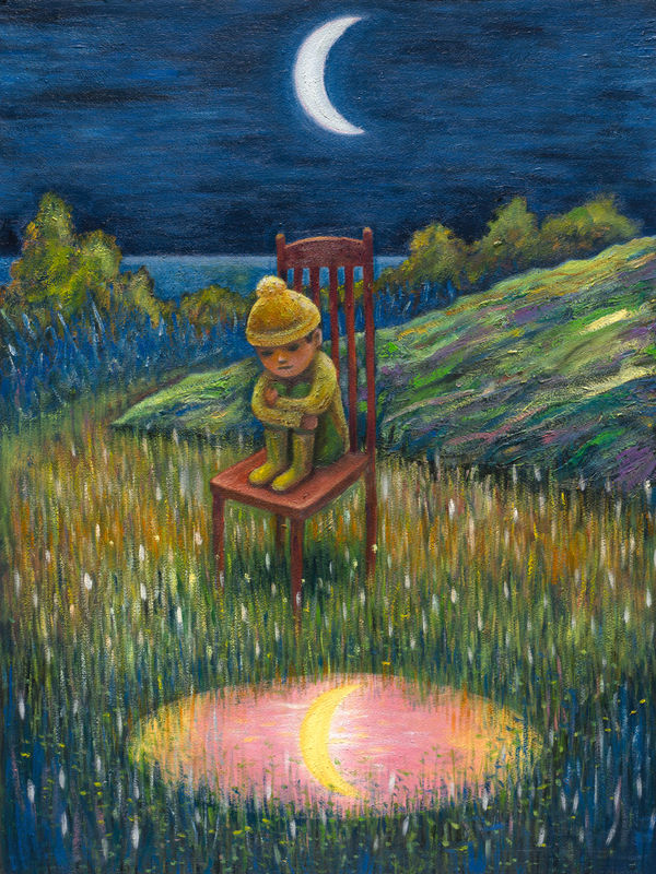 幾米 Jimmy Liao 月光男孩的寶藏 Moonlit Boy's Treasure, 2023 油彩／紙 Oil on paper 76.5 x 57 cm