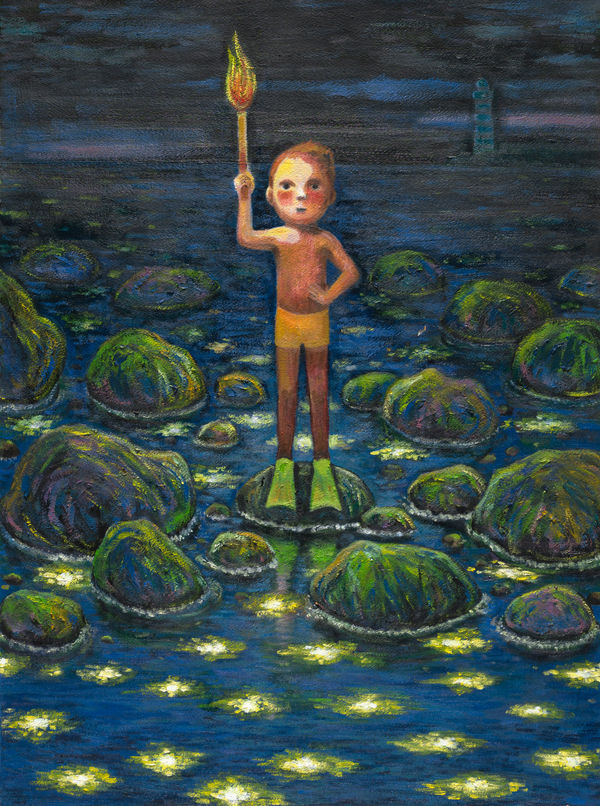 幾米 Jimmy Liao 當我幫世界的黑暗，點亮光明 When I Illuminate the World's Darkness, 2023 油彩／紙 Oil on paper 76.5 x 57 cm