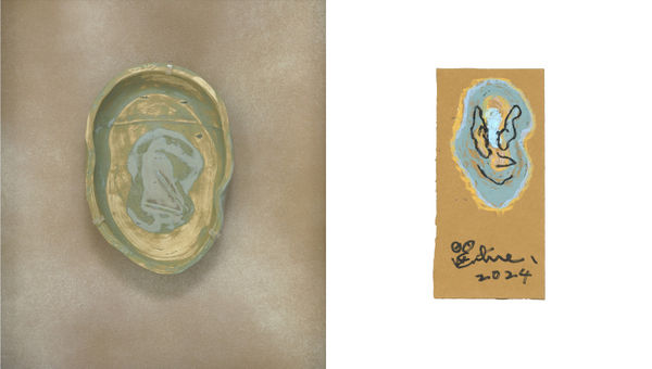 桑拿大可 Sangna Take 一種感覺 5 A Feeling 5, 2024 陶瓷、化妝土、釉；壓克力顏料／紙 Clay, engobe, glaze and acrylic on paper 陶盤：17 x 12.7 cm 紙上作品：21 x 10 cm