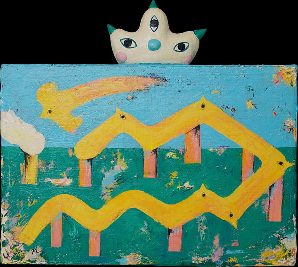 吳騏 57 平衡木 Balance Beam , 2023 壓克力顏料、陶土／畫布 Acrylic and potter's clay on canvas 9 x 10 in 23 x 25.5 cm