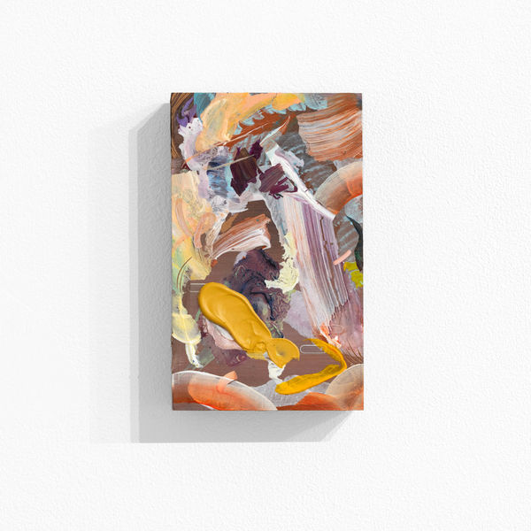 龔寶稜 Pao-Leng KUNG 毛邊的推移 Elapsing, 2024 壓克力顏料、貼紙 / 油氈板 Acrylic and stickers on linoleum block 12.7 x 7.6 x 2.3 cm