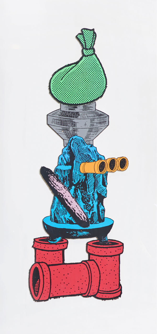 金氏徹平 Teppei KANEUJI 遊戲、舞與結構 (彩色合板) #14 Games, Dance and the Construction (Color Plywood) #14, 2018 絹印／木板 Screen print on wood panel 63 3/4 x 23 1/4 x 1 3/8 in 162 x 59 x 3.5 cm