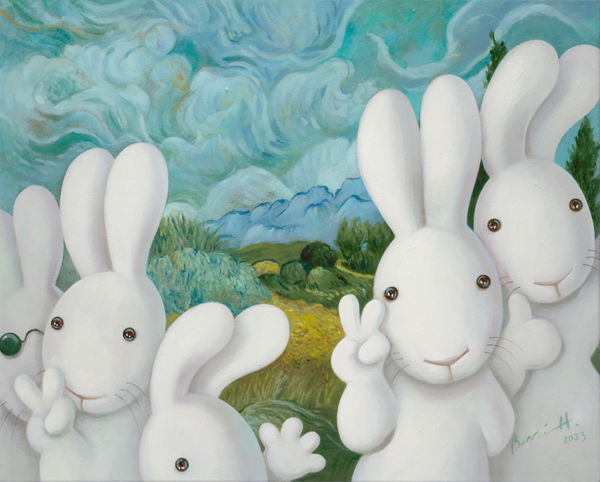 黃本蕊 Benrei HUANG 傻兔打卡 Silly bunnies checking in, 2023 壓克力顏料／畫布 Acrylic on canvas 61 x 76.5 cm