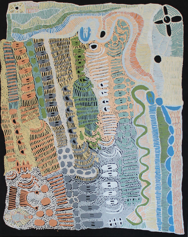 Doris Bush Nungarrayi Pilkati, Wilinyi & Tjurrpinyi at Ikuntji (Snake, Hunting & Swimming at Haasts Bluff), 2021 acrylic on linen 152 x 122 cm 59 7/8 x 48 1/8 in