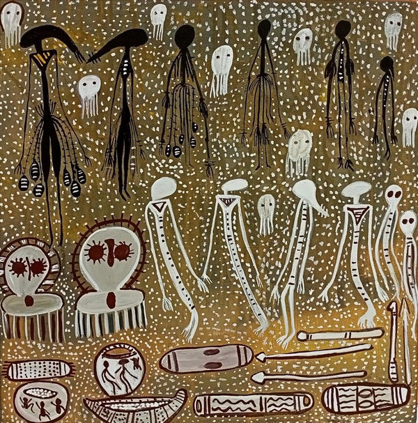 Veronica Djanghara Wandjina and the Spirits, 2022 natural ochre and pigments on canvas 45 x 45 cm 17 3/4 x 17 3/4 in